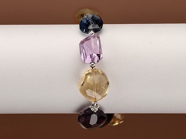Exotic India Sterling Silver Bracelet With Multiple Faceted Gemstone