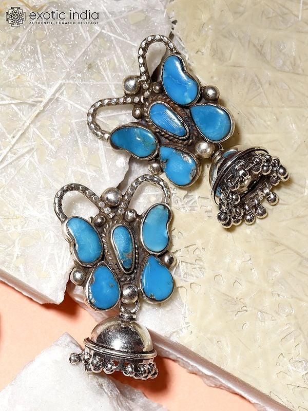 Exotic India Sterling Silver Butterfly Design Jhumki Earrings With Arizona Turquoise