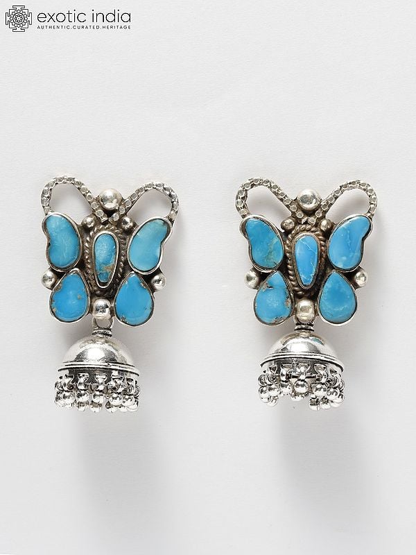 exotic india Sterling Silver Butterfly Design Jhumki Earrings with Arizona Turquoise 