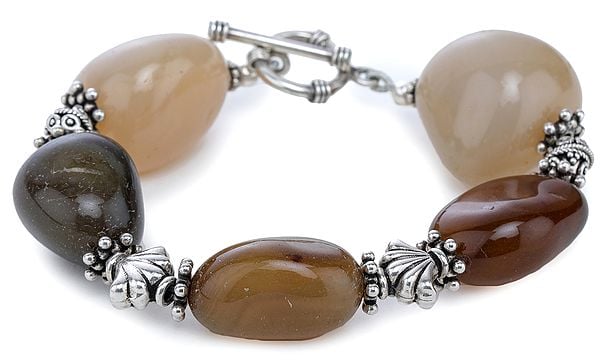 Exotic India Sterling Silver Chunky Bracelet With Agate Tumbles 