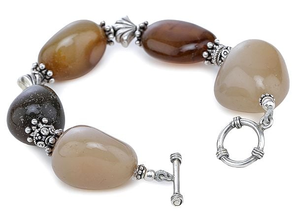 Exotic India Sterling Silver Chunky Bracelet With Agate Tumbles 
