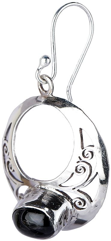 Exotic India Sterling Silver Circular Earrings With Black Onyx