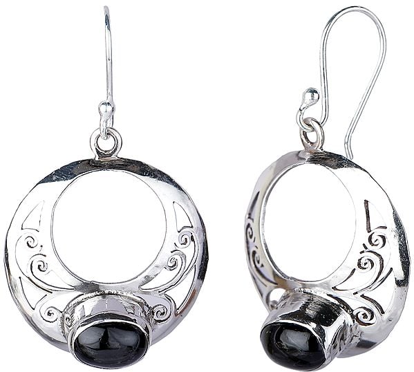 exotic india Sterling Silver Circular Earrings with Black Onyx