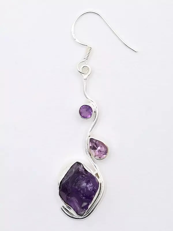 Exotic India Sterling Silver Dangle Earrings With Raw Gemstone