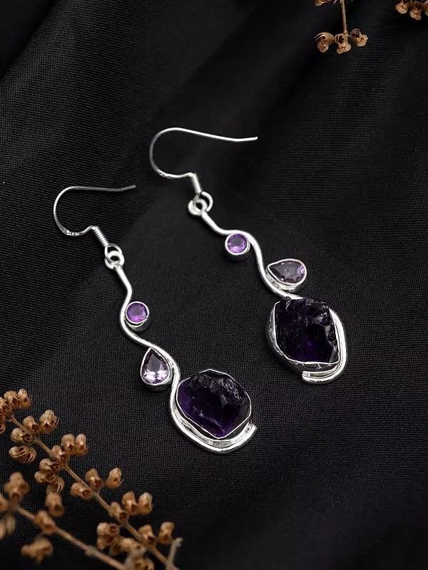 Exotic India Sterling Silver Dangle Earrings With Raw Gemstone