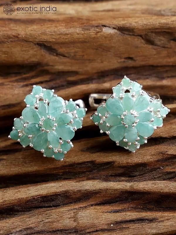 Exotic India Sterling Silver Diamond Shaped Earrings With Faceted Emeralds 