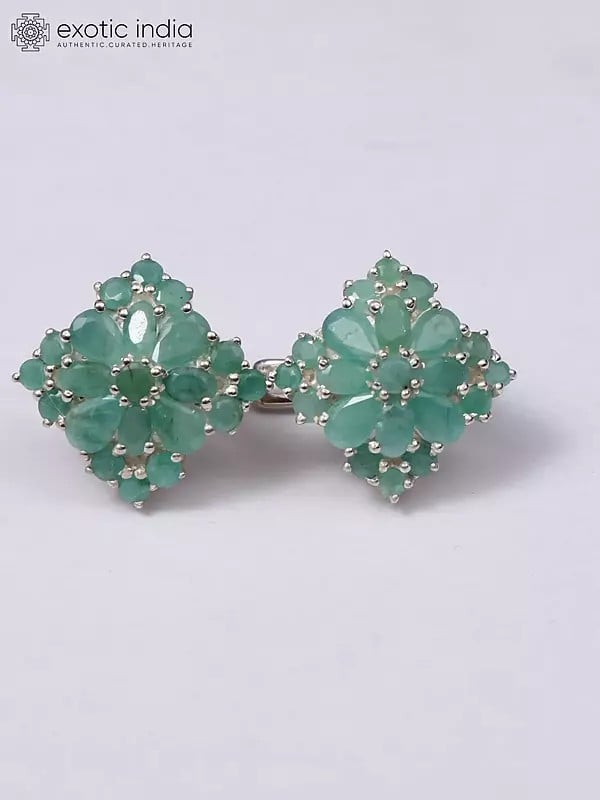 Exotic India Sterling Silver Diamond Shaped Earrings With Faceted Emeralds 