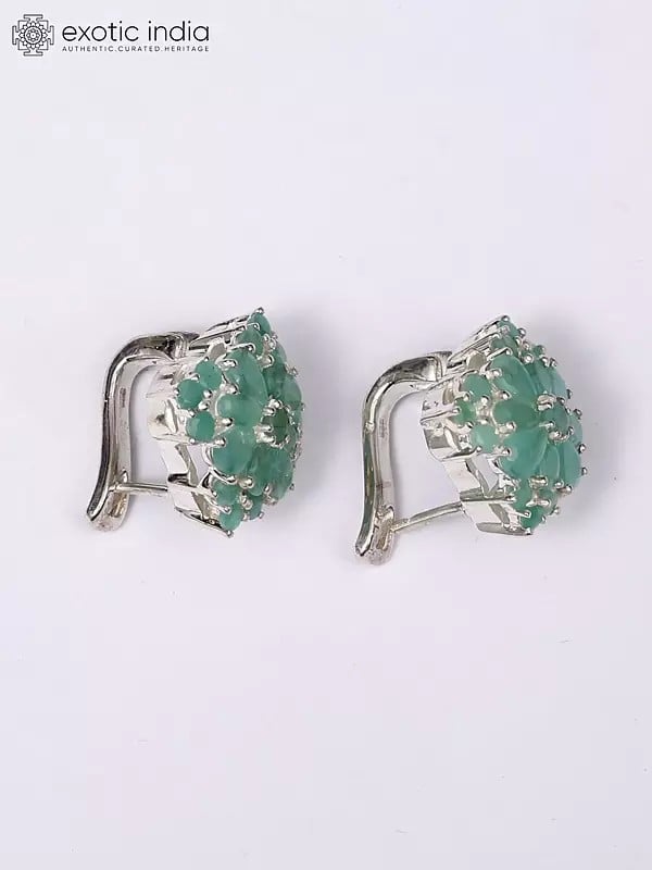 Exotic India Sterling Silver Diamond Shaped Earrings With Faceted Emeralds 