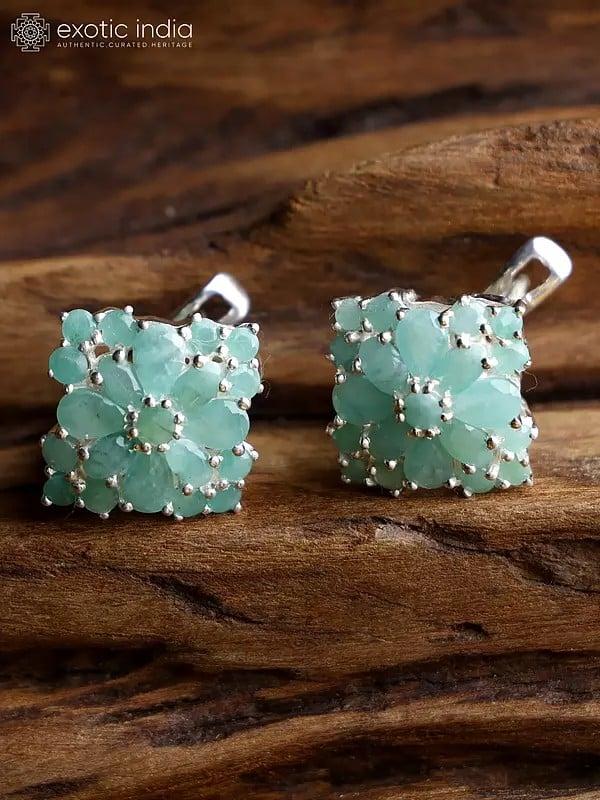 exotic india Sterling Silver Diamond Shaped Earrings with Faceted Emeralds