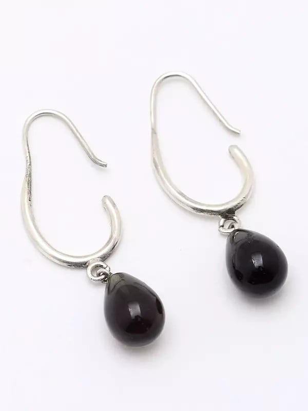 Exotic India Sterling Silver Earrings With Cabochon Smoky Quartz 