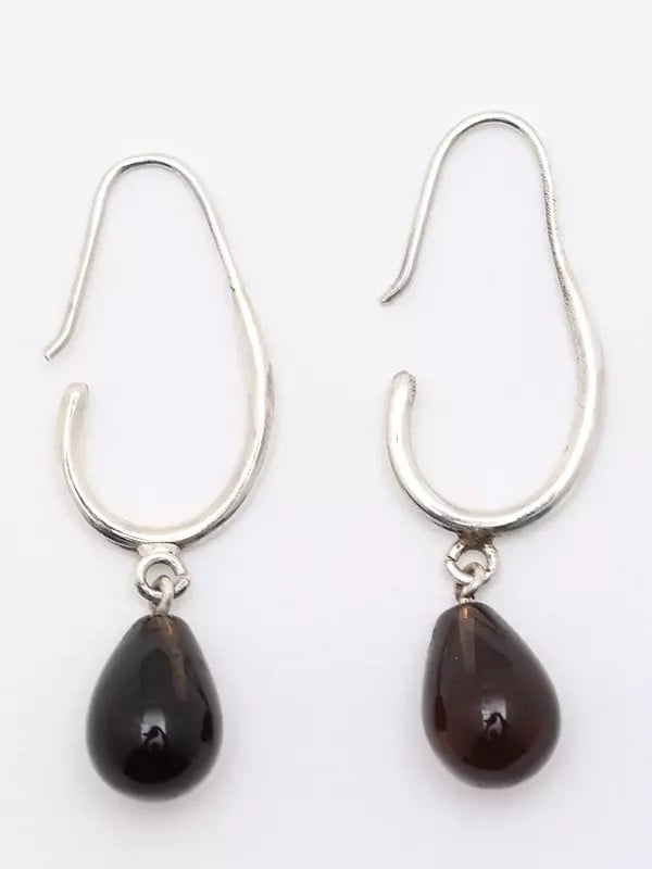 Exotic India Sterling Silver Earrings With Cabochon Smoky Quartz 