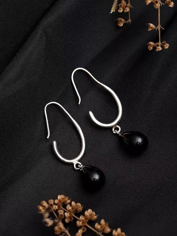 Exotic India Sterling Silver Earrings With Cabochon Smoky Quartz 