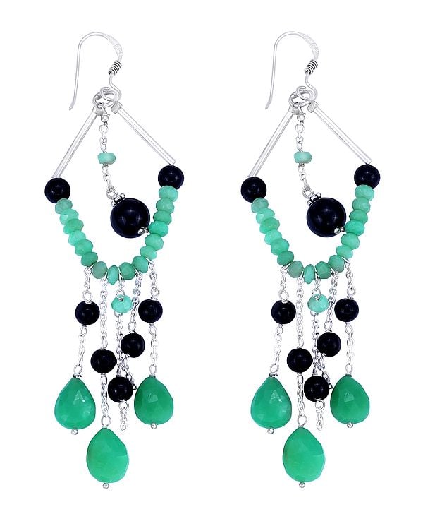 exotic india Sterling Silver Earrings with Emerald and Black Onyx Bead Dangles (Long Size) 