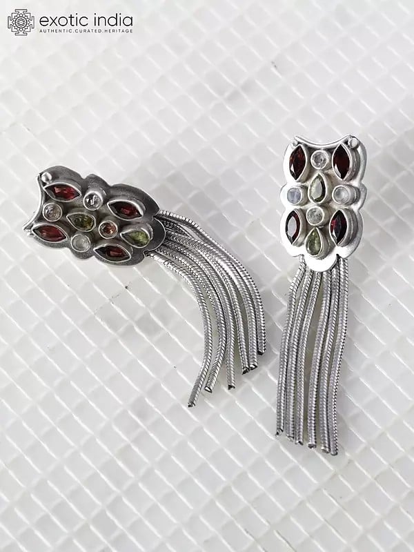 Exotic India Sterling Silver Earrings With Faceted Multi Stone
