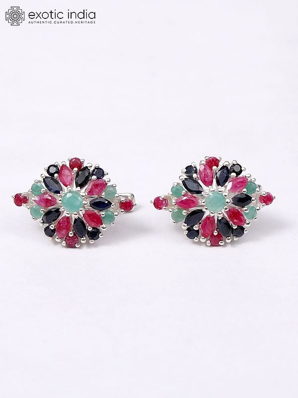 Exotic India Sterling Silver Earrings With Faceted Sapphire Ruby And Emerald 