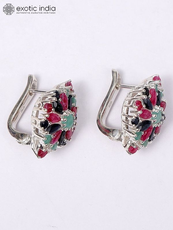 Exotic India Sterling Silver Earrings With Faceted Sapphire Ruby And Emerald 