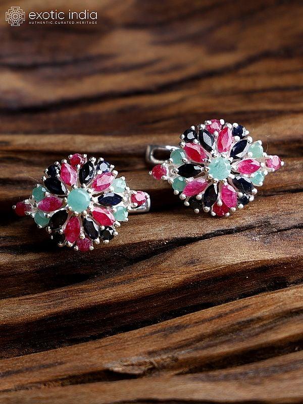 exotic india Sterling Silver Earrings with Faceted Sapphire Ruby and Emerald