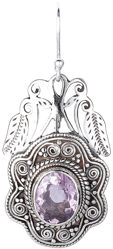 Exotic India Sterling Silver Earrings With Oval Cut Faceted Amethyst