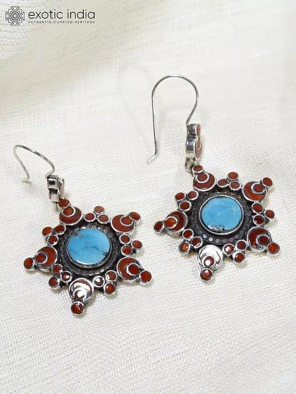 Exotic India Sterling Silver Earrings With Persian Turquoise And Coral