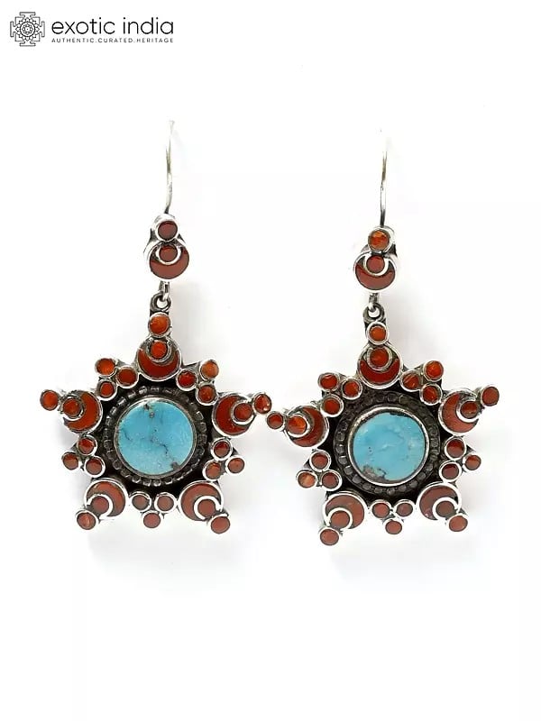 exotic india Sterling Silver Earrings with Persian Turquoise and Coral