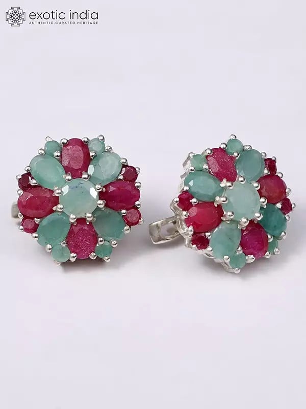 Exotic India Sterling Silver Earrings With Ruby And Emerald