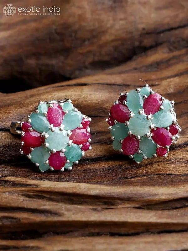exotic india Sterling Silver Earrings with Ruby and Emerald