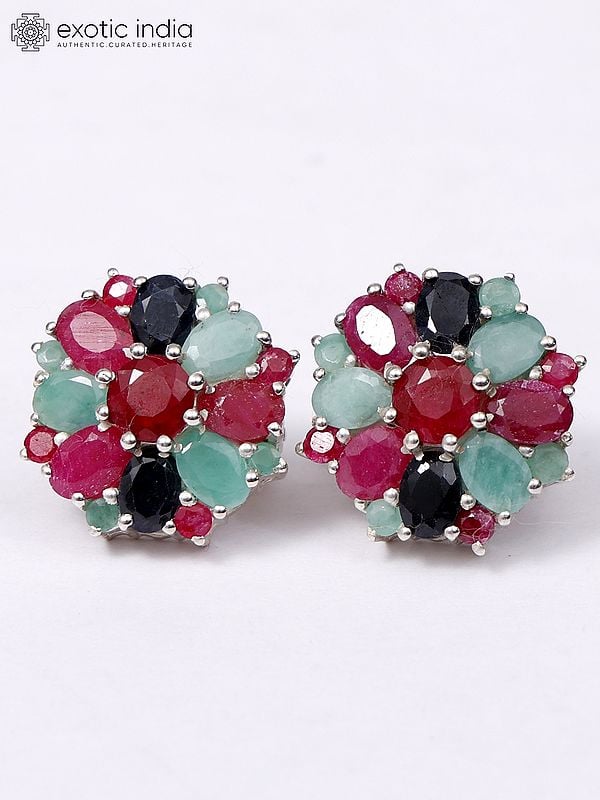 Exotic India Sterling Silver Earrings With Sapphire Ruby And Emerald