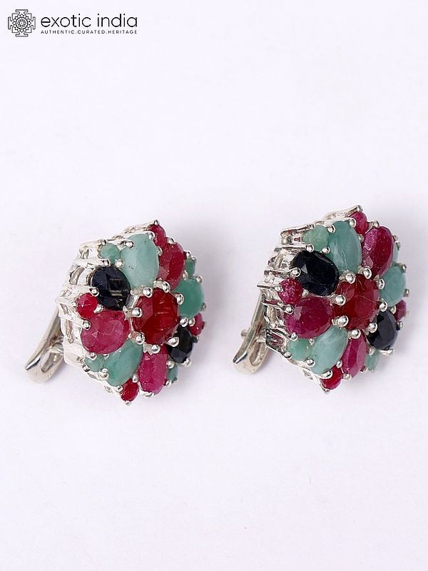 Exotic India Sterling Silver Earrings With Sapphire Ruby And Emerald