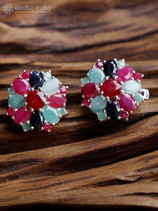 exotic india Sterling Silver Earrings with Sapphire Ruby and Emerald 