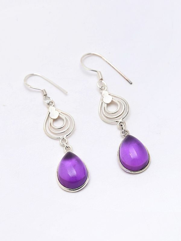 Exotic India Sterling Silver Earrings With Tear Drop Amethyst