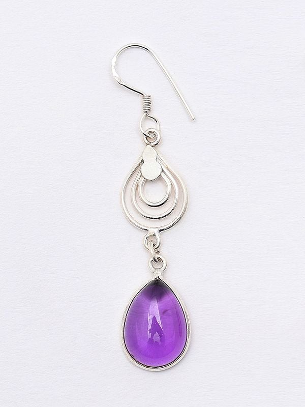 Exotic India Sterling Silver Earrings With Tear Drop Amethyst