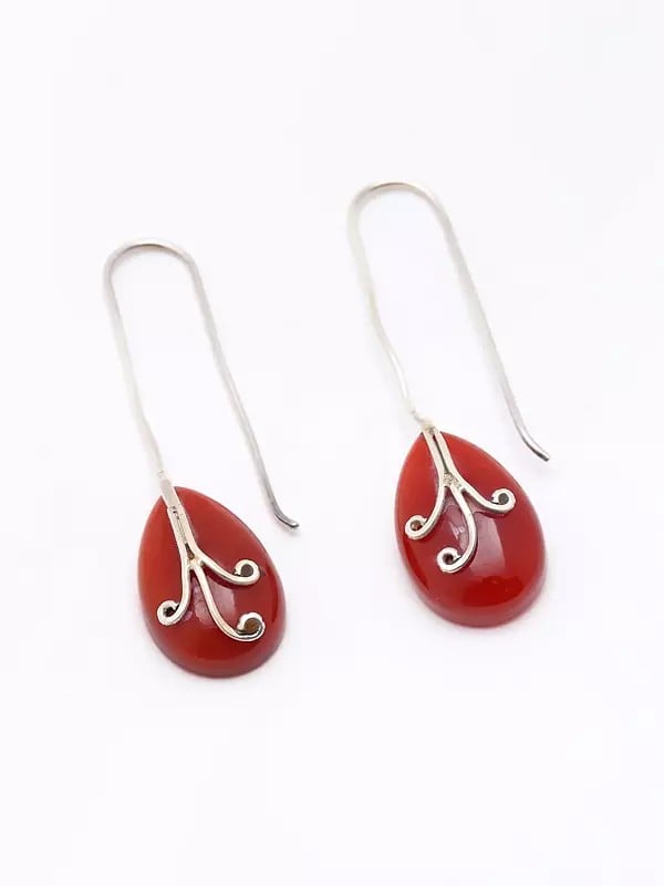 Exotic India Sterling Silver Earrings With Tear Drop Coral