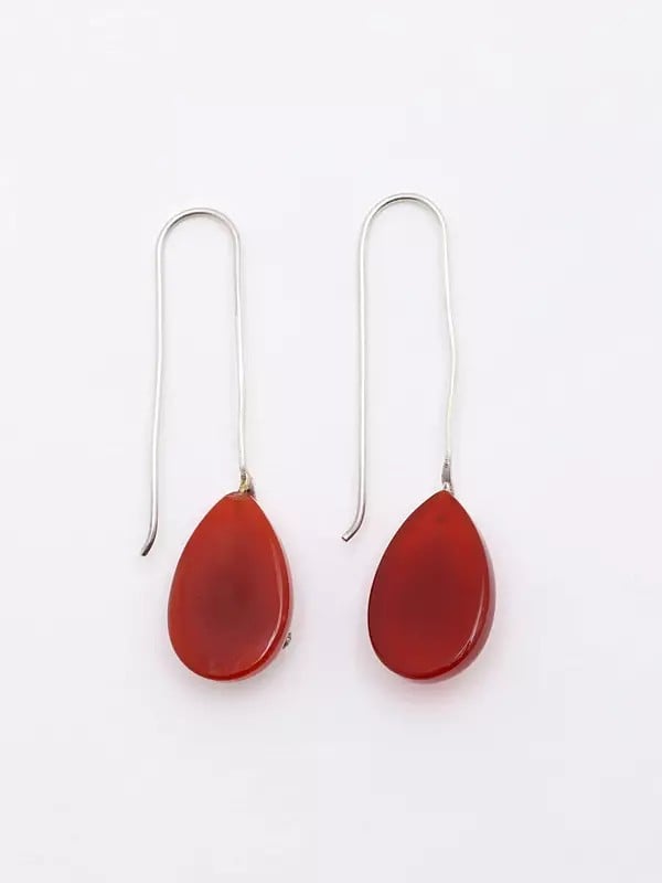 Exotic India Sterling Silver Earrings With Tear Drop Coral