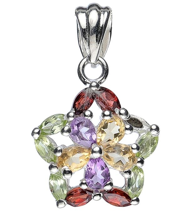 Exotic India Sterling Silver Faceted Pendant Earrings And Ring Set 