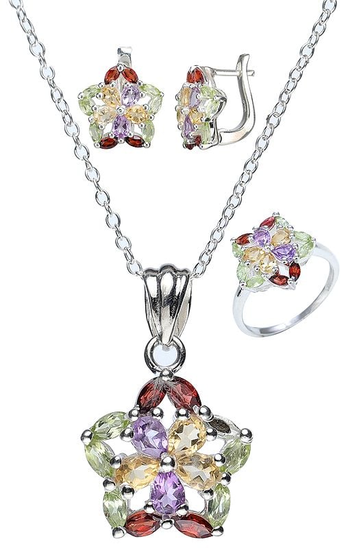exotic india Sterling Silver Faceted Pendant Earrings and Ring Set 