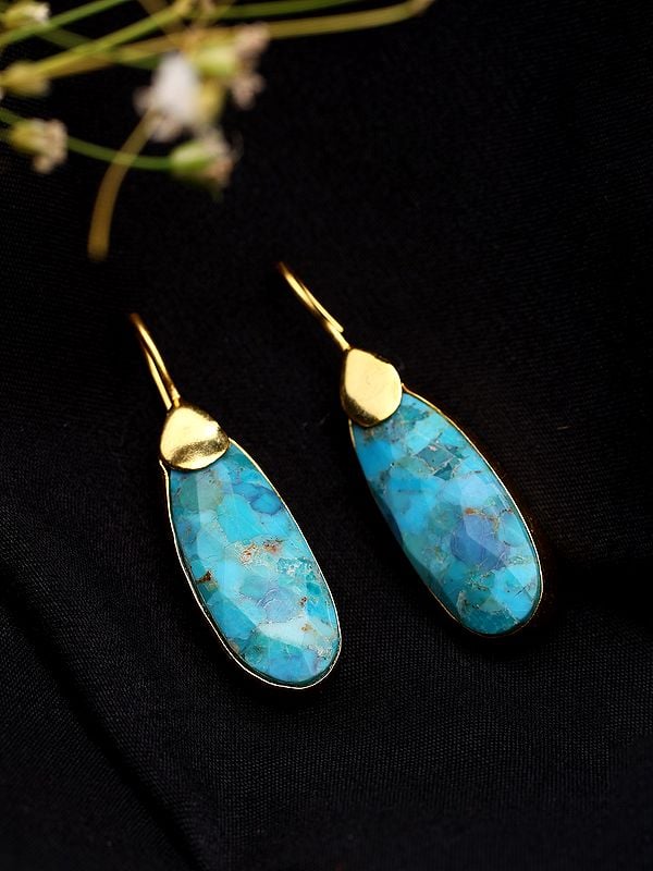 Exotic India Sterling Silver Faceted Turquoise Hook Earrings