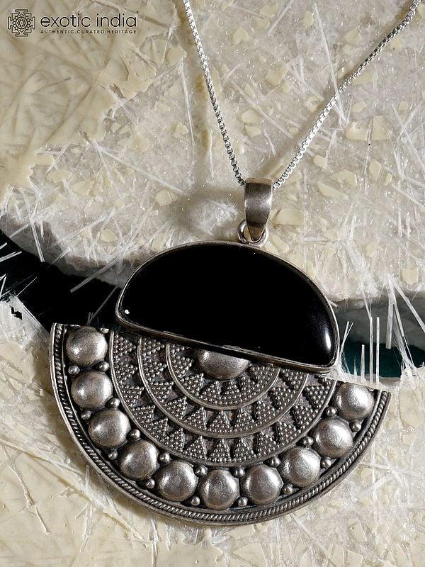 Exotic India Sterling Silver Filigree Pendant With Black Onyx Gemstone 