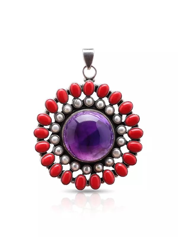 Exotic India Sterling Silver Floral Design Pendant With Coral Pearl And Amethyst Gemstone In Center 