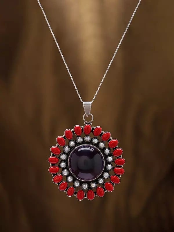 Exotic India Sterling Silver Floral Design Pendant With Coral Pearl And Amethyst Gemstone In Center 