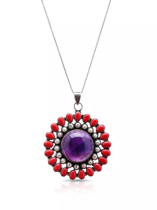 exotic india Sterling Silver Floral Design Pendant with Coral Pearl and Amethyst Gemstone in Center 