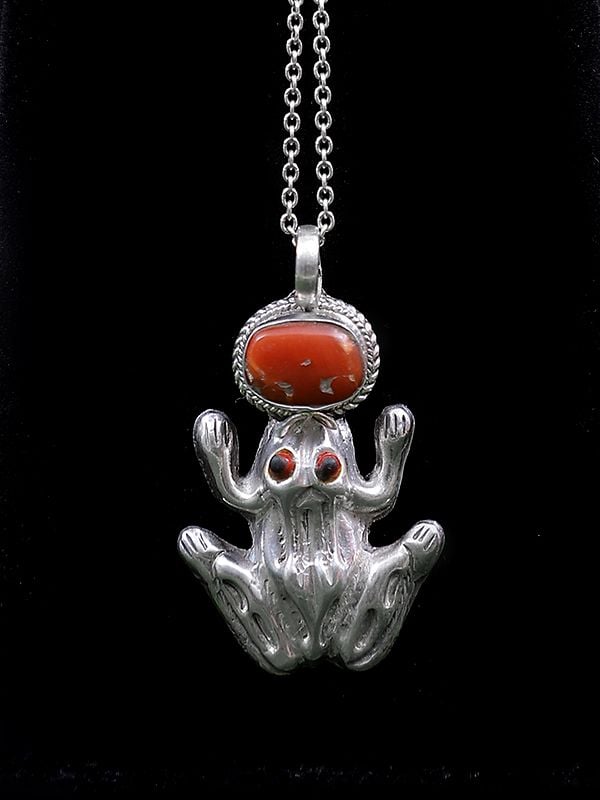 Exotic India Sterling Silver Frog Pendant With Coral Gemstone