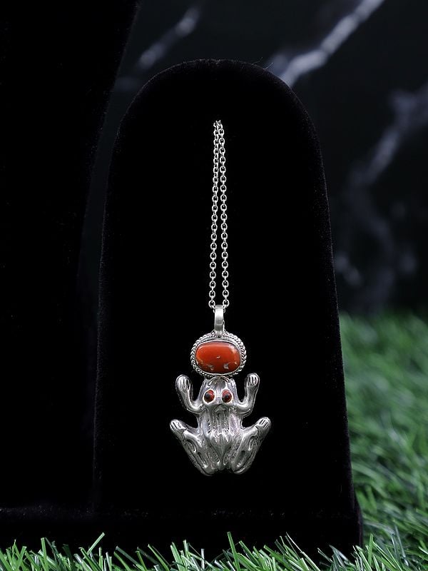 exotic india Sterling Silver Frog Pendant with Coral Gemstone