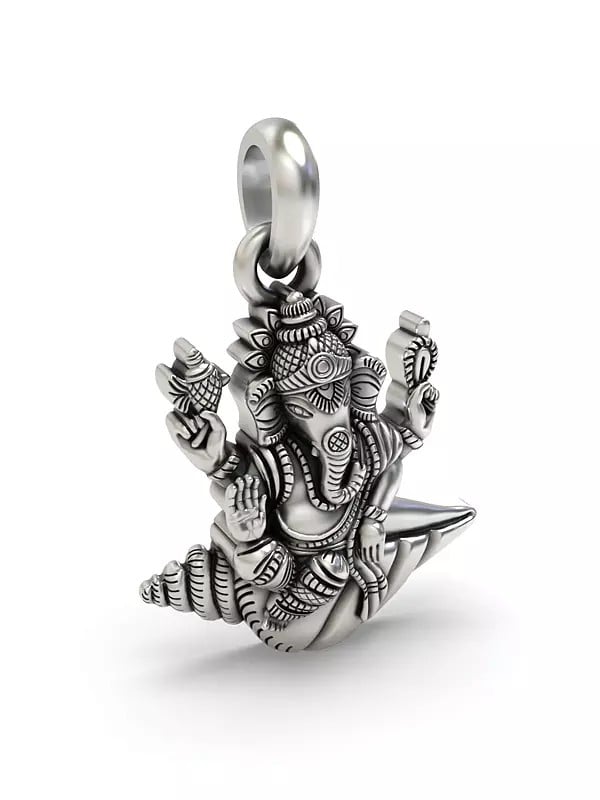 Exotic India Sterling Silver Ganesha On Conch Pendant