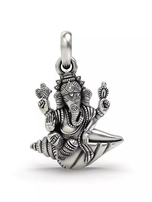 exotic india Sterling Silver Ganesha on Conch Pendant 