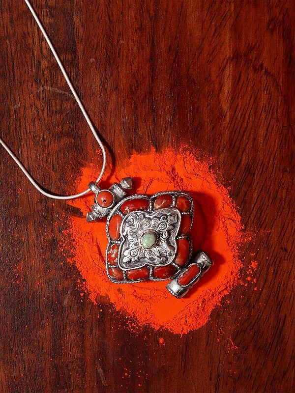 Exotic India Sterling Silver Gau Box Pendant With Coral And Turquoise Stone 