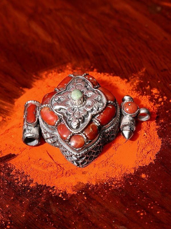 Exotic India Sterling Silver Gau Box Pendant With Coral And Turquoise Stone 