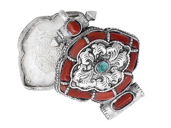Exotic India Sterling Silver Gau Box Pendant With Coral And Turquoise Stone 