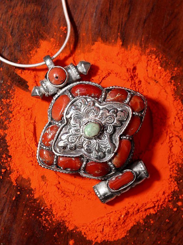 exotic india Sterling Silver Gau Box Pendant with Coral and Turquoise Stone 