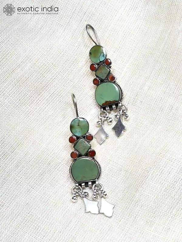 Exotic India Sterling Silver Hook Earrings With Tibetan Turquoise And Coral