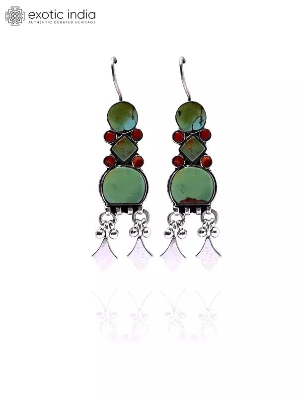 exotic india Sterling Silver Hook Earrings with Tibetan Turquoise and Coral 